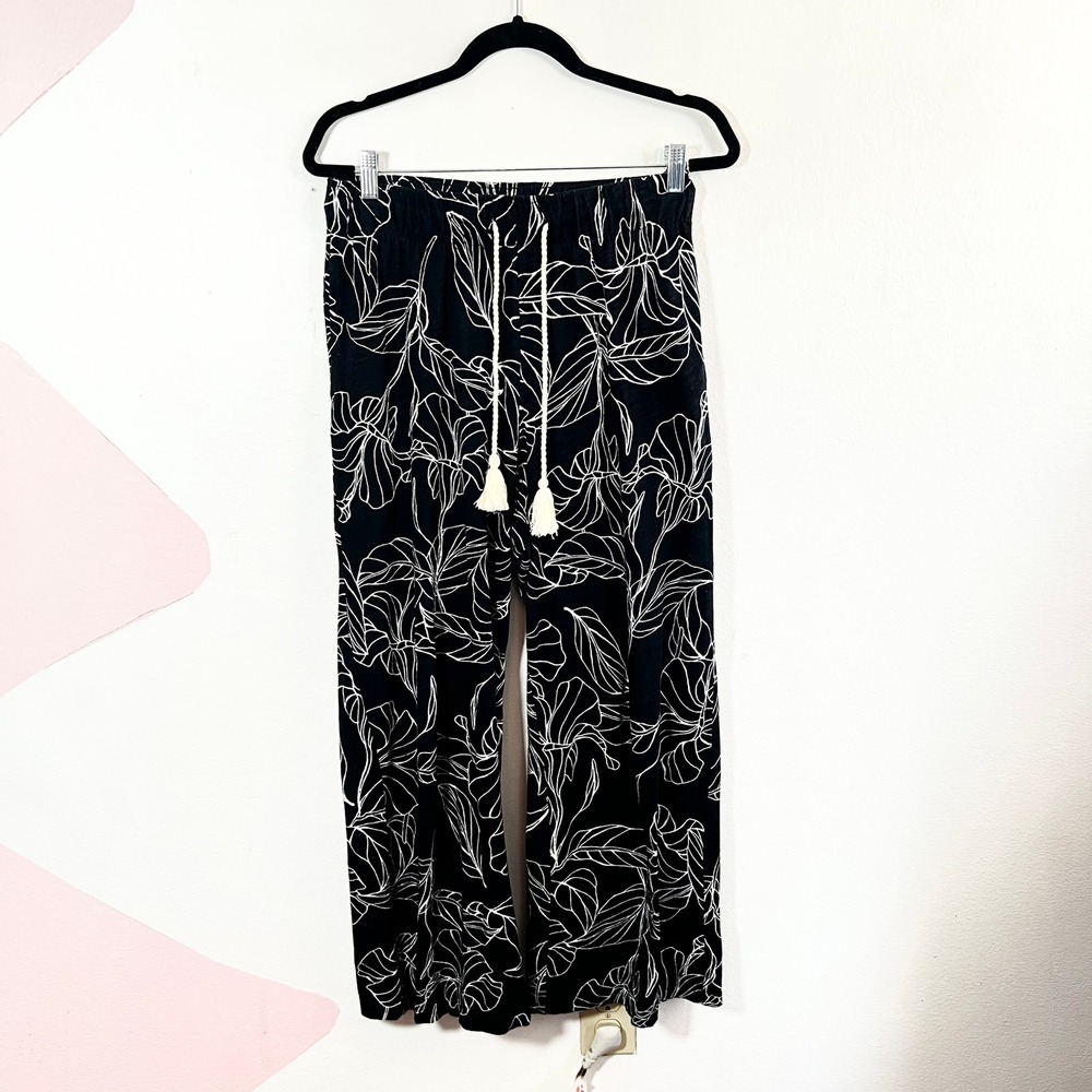 Calypso St Barth Linen‎ Pants Womens Medium Black Floral Wide Leg Summer